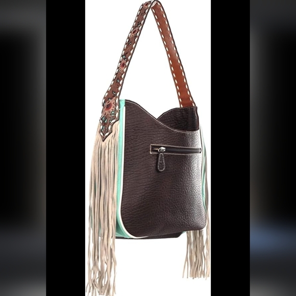 NWT Ariat Monroe brown Tiffany blue leather fringe shoulder bag purse - Picture 3 of 7